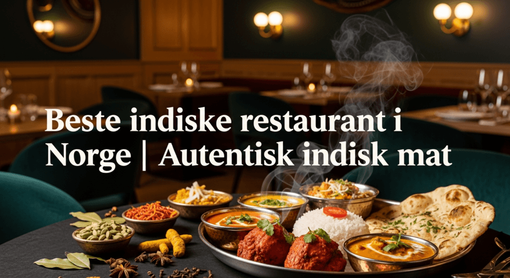 Forsidebilde for bloggen «Beste indiske restaurant i Norge | Autentisk indisk mat», som viser et elegant restaurantmiljø i Norge med autentiske indiske retter som curry, naan, basmatiris og tradisjonelle krydder, presentert på en profesjonell og innbydende måte som fremhever ekte indiske smaker, matkultur og kvalitet.